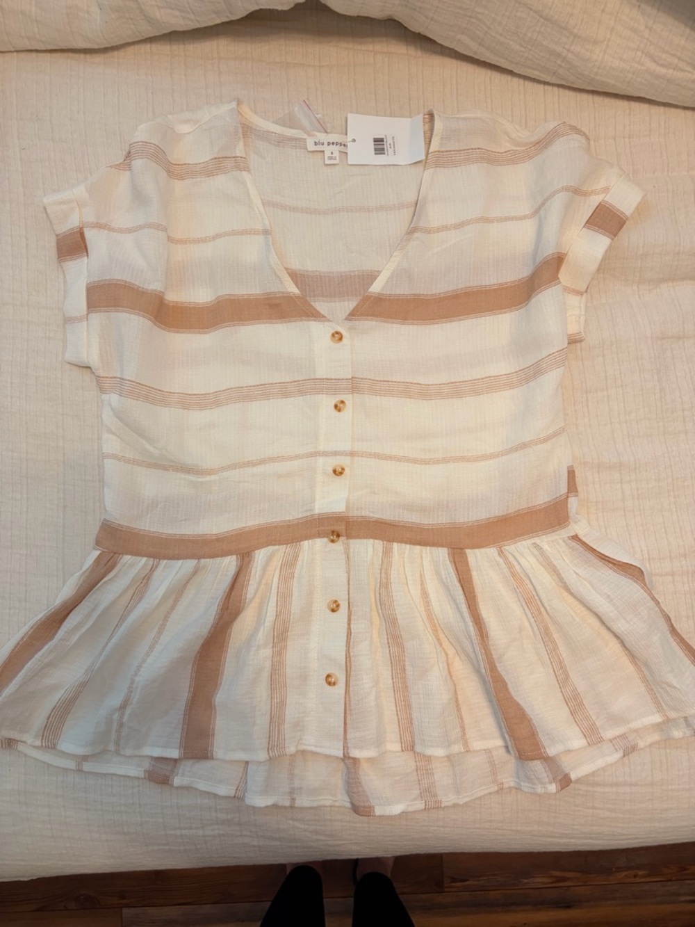 Blu Pepper Cream & Tan Striped V-Neck Button Peplum Top